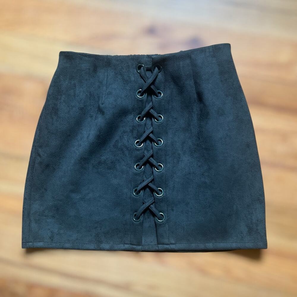 Shinestar Mini Skirt XL Womens Dark Green Lace Up Grommet Faux Suede Pull On